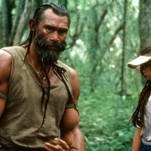 Image similar to movie still from forest gump with yautja predator monster