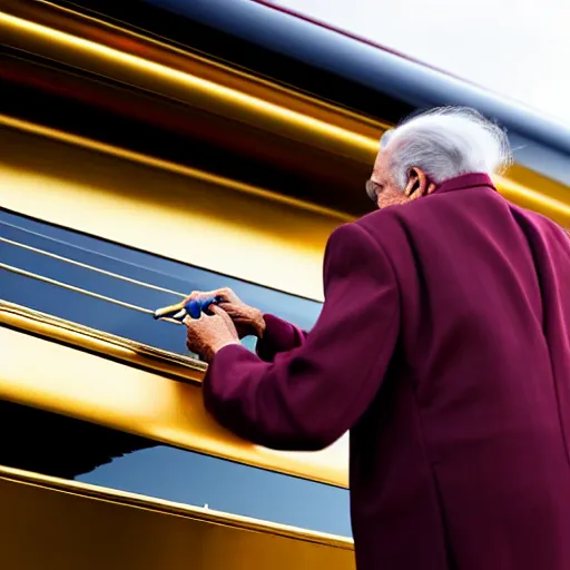 Image similar to wrinkled hunchbacked old man in musty burgundy suit, polishing painting the side of a huge gold plated mega yacht with a cloth, maintenance photo