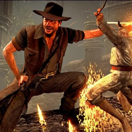 Prompt: a still of from the movie indiana jones and the temple of doom crossover with the game dark souls ii