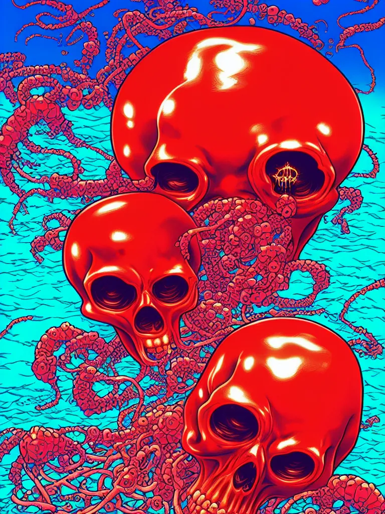 Prompt: a glowing red skull in the sea caught by a jellyfish by josan gonzalez and dan mumford and albrecht anker and miho hirano and ross tran and chiho aoshima, highly detailed, high contrast, pop art, comic shading