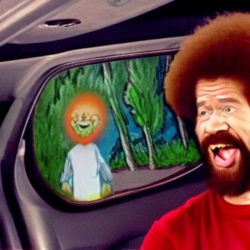 Image similar to bob ross screaming bad trip of acid in car rear view mirror