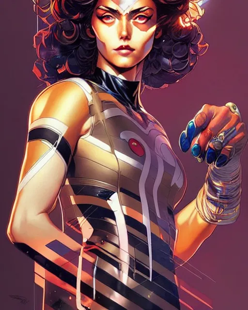 Image similar to artgerm, joshua middleton and sandra chevrier comic cover art, full body pretty female space pirate, symmetrical eyes, symmetrical face, long curly hair, beautiful, rim lighting, vivid colors