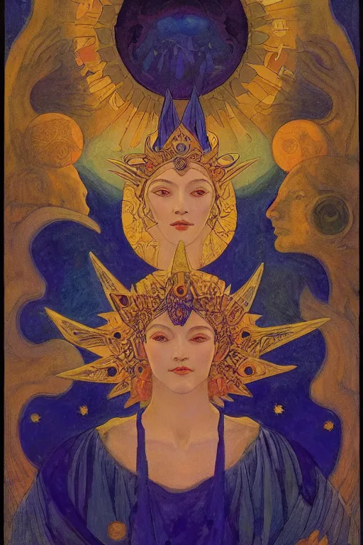 Image similar to queen of the sun and moon and stars by Nicholas Roerich and Annie Swynnerton and Diego Rivera and jean delville, dramatic cinematic lighting , ornate headdress , flowing robes, sacred artifacts, lost civilizations, smooth, sharp focus, extremely detailed