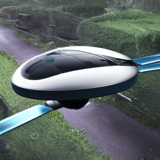 Image similar to a futuristic flying car floating through an overgrown abandoned city