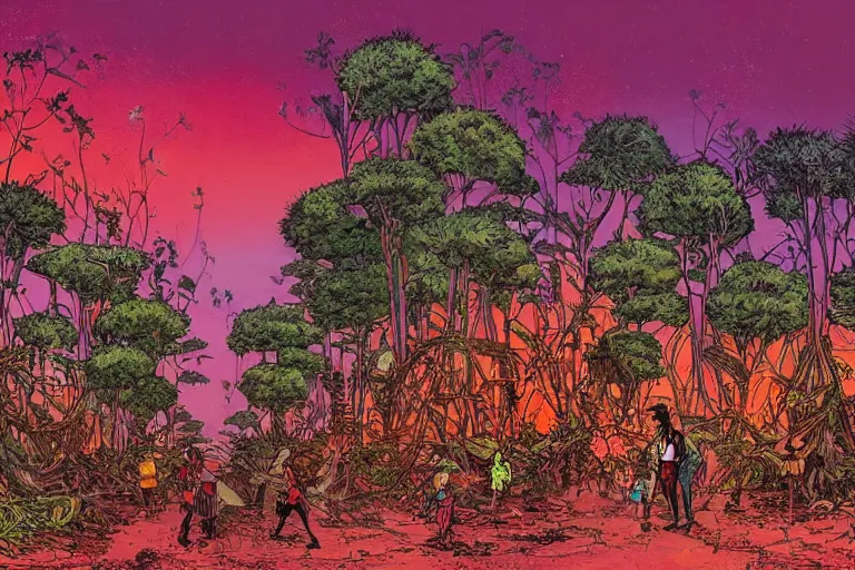 Image similar to on the street of abandoned town 2 people standing huddled together with spiny giant plants bursting through them, surreal, red sky, vivid colors, intricate design, painting by Laurie Greasley, part by Yoji Shinkawa, part by Norman Rockwell