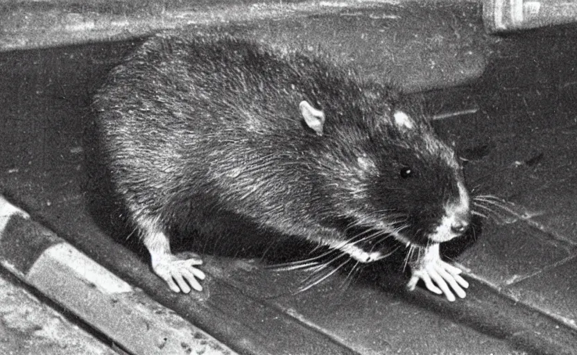 Image similar to old photo from 1 9 6 5. very large giant mutant antropomorphic rat in tonnel of moscow metro. extreme high detail. low light, scary atmosphere