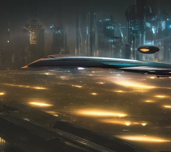 Image similar to futuristic sci fi plane lands at runway of cyberpunk city, night photo ,dark cinematic lighting , digital concept art