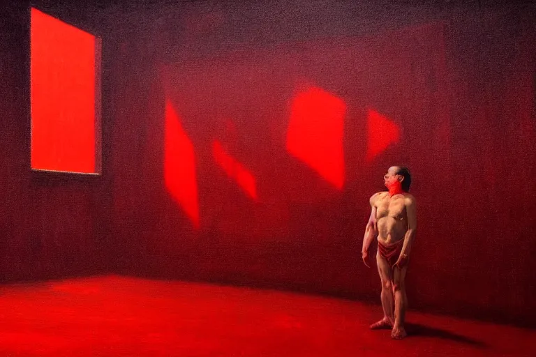 Image similar to only with red, crowd screaming, an exposed painting in a roman theater, in the style of beksinski, parts by edward hopper, parts by rodcenko, parts by yue minjun, intricate and epic composition, red by caravaggio, insanely quality, highly detailed, masterpiece, red light, artstation, 4 k