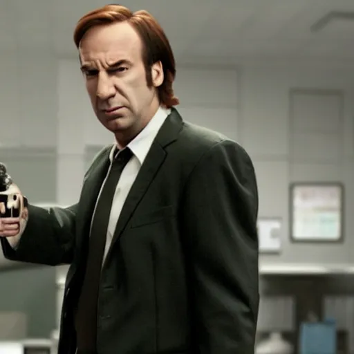 Prompt: Saul Goodman playing as Neo in the Matrix