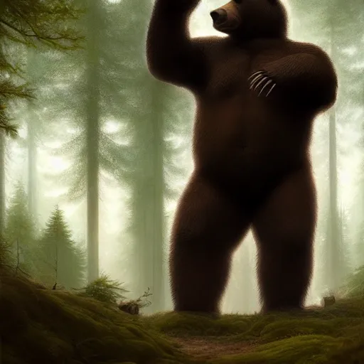 Image similar to a giant humanoid bear singing on a stage in a forest, digital art, detailed face, highly detailed, calm, deviantart, art by greg rutkowski, artstation, natural lighting, dramatic