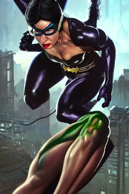 Image similar to clear portrait of a superhero concept between catwoman and hulk, cottagecore!!, background hyper detailed, character concept, full body, dynamic pose, intricate, highly detailed, digital painting, artstation, concept art, smooth, sharp focus, illustration, art by artgerm and greg rutkowski and alphonse mucha