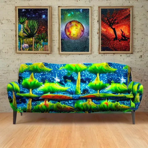 Image similar to psychedelic trippy couch pine forest with woodland critters planets milky way sofa cartoon by dr. seuss