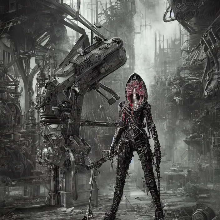 Prompt: apocalyptic woman in hood standing in hall of machinery and weaponry, hyper - detailed, smooth, sharp focus, 4 k ultra hd, fantasy dark art