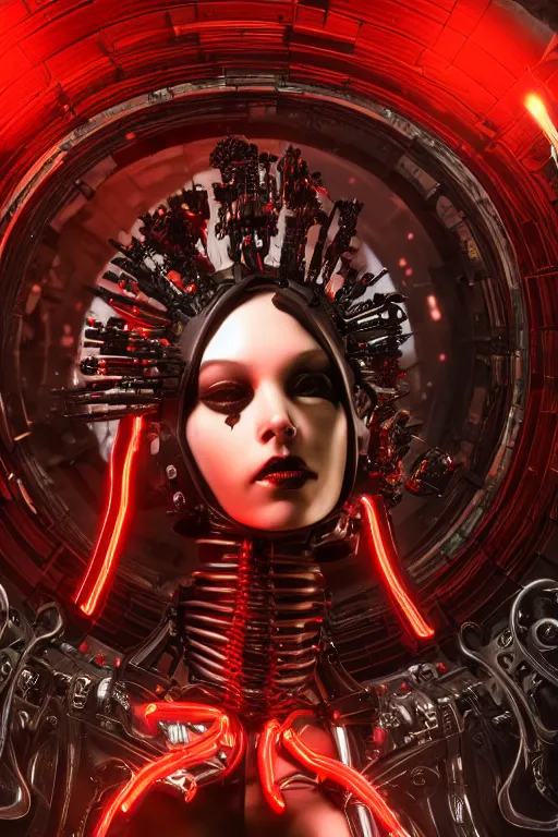 Prompt: full-body cyberpunk style sculpture of a young beautiful dark priestess, half android with a head opening exposing circuitry, glowing red eyes, black roses, flowing blood-red colored silk, fabric, candles. baroque elements, human skull. full-length view. baroque element. intricate artwork by caravaggio. crows flying in background. Trending on artstation, octane render, cinematic lighting from the right, hyper realism, octane render, 8k, depth of field, 3D