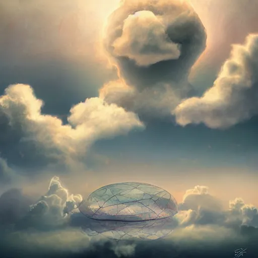 Image similar to atom surrounded by clouds, dreamy lighting, digital art, art station, extremely detailed