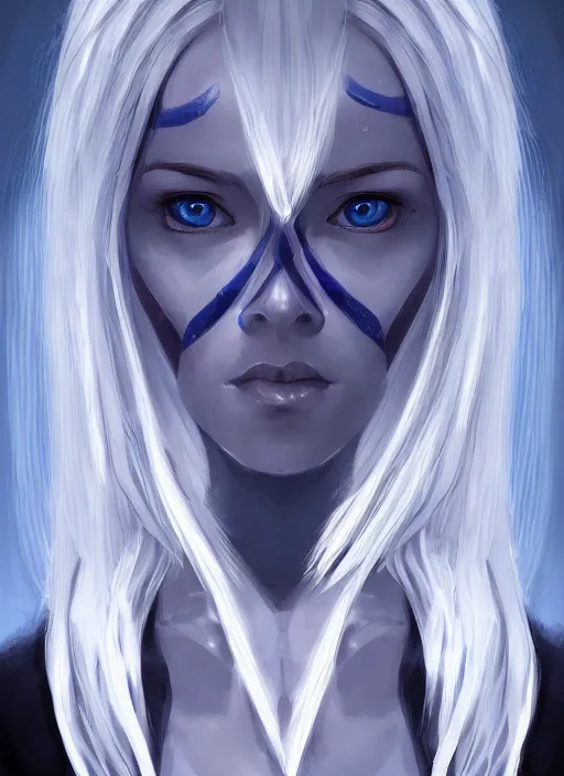 Image similar to portrait of a mysterious girl white silver hair and blue eyes wearing formal clothes, symmetrical face, perfect face details, digital painting, trending on artstation, deviantart, artgem, perfect composition, ross draws, wlop