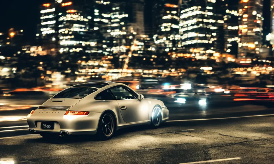 Prompt: photo of a porsche 911 at night driving fast through a city, cinematic, 4k, long exposure photography, tokyo drift, fast and furious, film still, night photography, motion blur, lens flare, movie shot, light trail