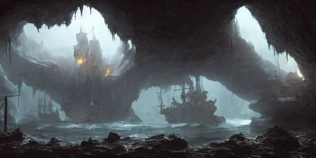 Image similar to a secret pirate town and harbor, in a cave. underexposed, dark, centered. atmospheric matte painting by darek zabrocki and emmanuel shiu, 4 k ultra detailed, cinematic.