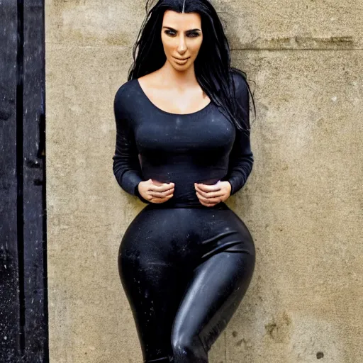 Image similar to kim kardashian leaning against a wall caught in the rain, soaked hair, wet body, wet clothing, 4k HD award winning photograph, wide shot, long depth of field