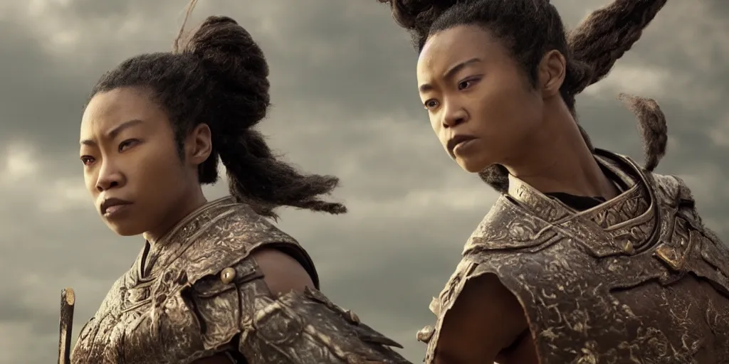 Image similar to a film still of a black woman starring in a japanese blockbuster film as ancient samurai, levitating mid air, intense, shallow depth of field, cinematic, award winning cgi, vfx, film still