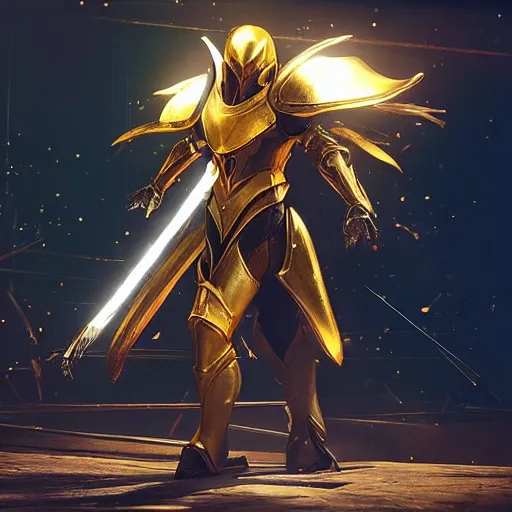 Prompt: “ gold armor azir fan art fantasy armor cinematic shot dynamic pose red glowing lines deviant art art station 4 k octane render bloom effect war frame fanart destiny 2 fanart ”