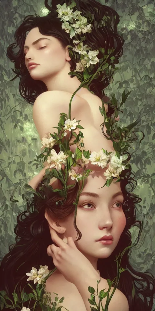 Image similar to surreal beautiful young woman, sitting with flowers, detailed gorgeous face turning into a tree, leaves, dark, ominous, sad eyes, vaporwave aesthetic, synthwave , digital painting, artstation, concept art, smooth, sharp focus, illustration, art by artgerm and greg rutkowski and alphonse mucha