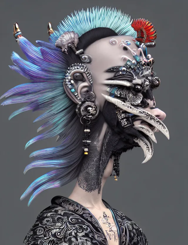 Image similar to 3 d goddess close - up profile portrait punk with mohawk with ram skull. beautiful intricately detailed japanese crow kitsune mask and clasical japanese kimono. betta fish, jellyfish phoenix, bio luminescent, plasma, ice, water, wind, creature, artwork by tooth wu and wlop and beeple and greg rutkowski