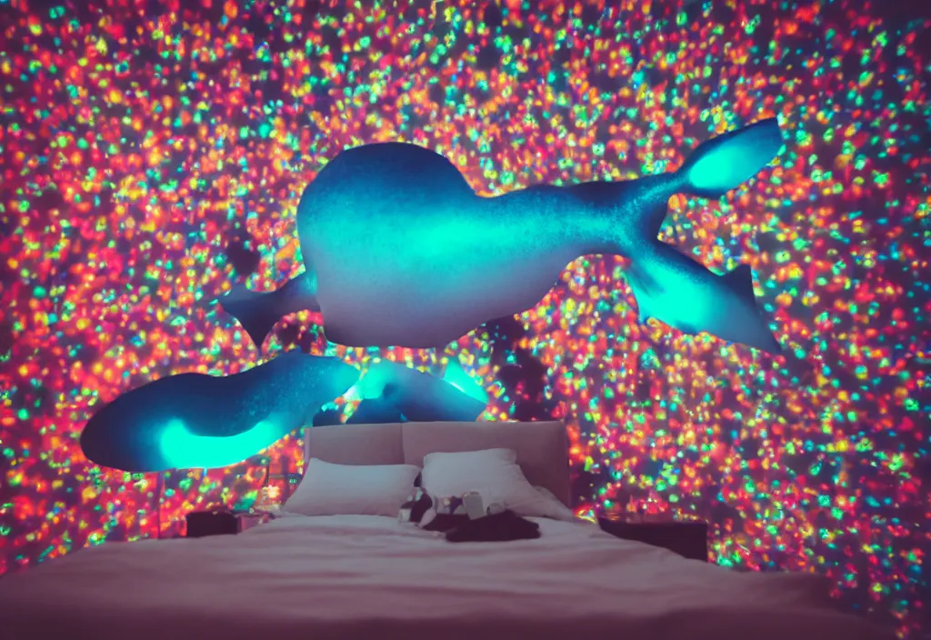 Image similar to 3 d floating people dream popping out of curved movie screen, volumetric lighting, bedroom, sleeping, pair of keycards on table, bokeh, big glowing fish, creterion collection, shot on 7 0 mm, instax