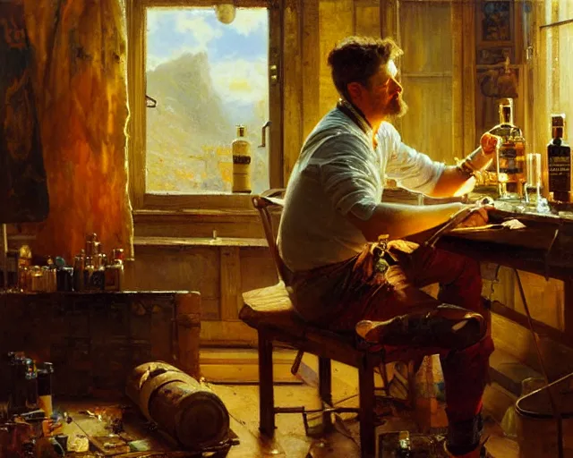 Image similar to an exhausted painter in his studio with a bottle of whisky. highly detailed painting by gaston bussiere, craig mullins, j. c. leyendecker 8 k