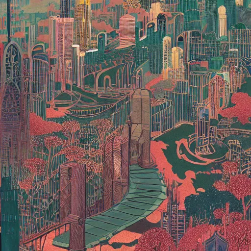 Prompt: city of a thousand bridges, by victo ngai and daniel merriam