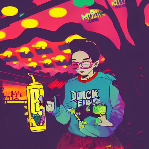 Image similar to a colorful comic, duck drinks energy drink monster energy, by sachin teng, dark vibes, pastel lighting, cinematic, depth of field, 8 k, high contrest