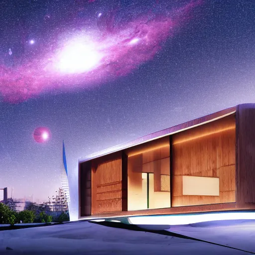 Prompt: wood room with a view of a nebula, modern architecture, cinematic, high quality, 8k, hyper realistic,