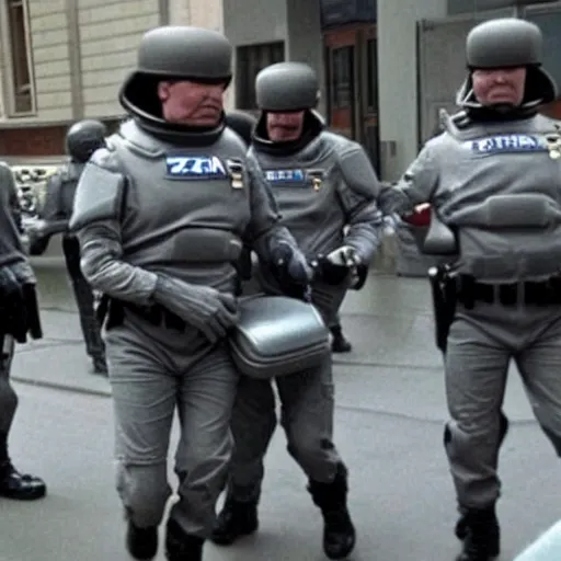 Image similar to extraterrestrial zeta reticulan grey alien, being arrested by spetsnaz