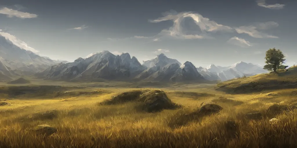 Image similar to calm landscape with hands crawling out of the ground, plains in the center, mountains in the background, highly detailed, digital painting, artstation, concept art, smooth, sharp focus, illustration