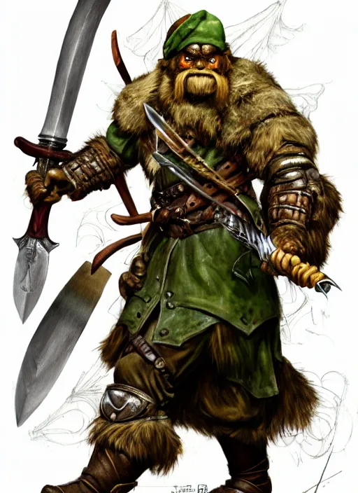 Image similar to strong young man, photorealistic bugbear ranger holding a flaming sword, black beard, dungeons and dragons, pathfinder, roleplaying game art, hunters gear, jeweled ornate leather and steel armour, concept art, character design on white background, by alan lee, norman rockwell, makoto shinkai, kim jung giu, poster art, colours red and green