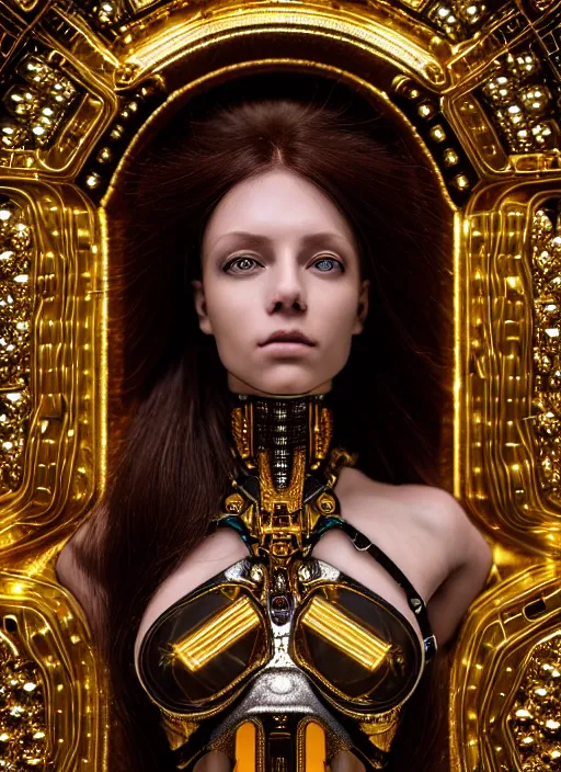 Prompt: a stunning young female cyborg made of gold, gemstones, diamonds, by pre - raphaelite brotherhood, unreal engine, glamor shot, nikon d 7 5 0, closeup, f / 2. 8, low contrast, 1 6 k, rim lighting, optical fiber, cinematic lighting, insanely detailed and intricate, hypermaximalist, elegant, ornate, hyper realistic,