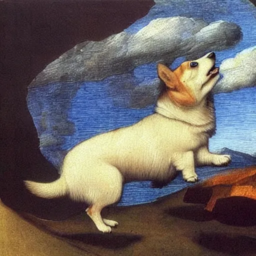 Image similar to corgi dog in cosmos painting, leonardo da vinci style