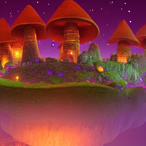 Prompt: mushroom castle at night, ultra realistic, 4 k resolution