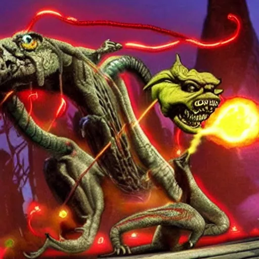 Image similar to a still from the movie enter the dragon crossover with the game oddworld : stranger's wrath