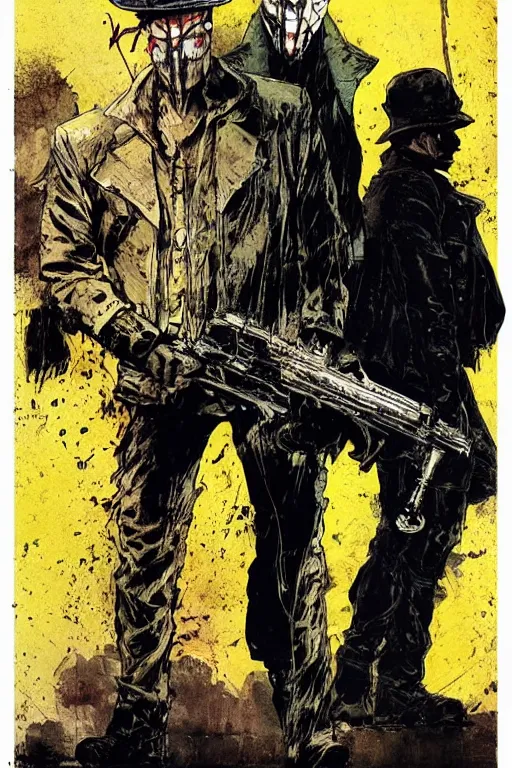 Image similar to Rorschach and The Comedian aka Edward Morgan Blake from the movie Watchmen painted by Norman Rockwell, Greg Rutkowski and Dave Gibbons, Sadamoto Yoshiyuki, Yoki Shinkawa, high detailed perfect faces, trending on Artstation, page scan from book, watchmen comics color scheme, noisy film grain effect, super wide shot, 30mm, intricate, fine details, trending on artstation,