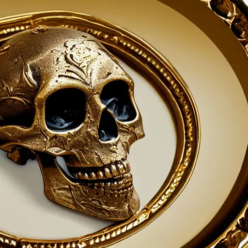 Image similar to a orante human skull with rococo carvings and gold plated detailing encased in an icecube