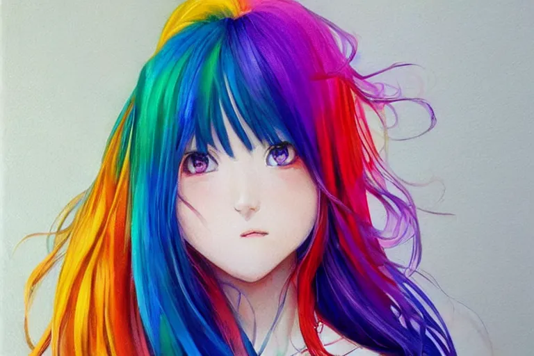 Image similar to Beautiful girl, rainbow hair, symmetrically, smiling, anime style, pixiv, pinterest anime, artist Steve Hanks, artist Alyssa Monks, endless summer art, artist WLOP artstation, artist Mam BA artstation, artist Arata Yokoyama, real photo, very detailed, realistic proportions, knowledge of anatomy, anatomy for beginners, true proportions of the face