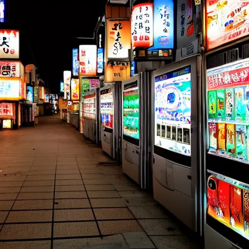 Prompt: a beautiful picture of japanese vending machines in a little tokyo street by night, trending on artstation