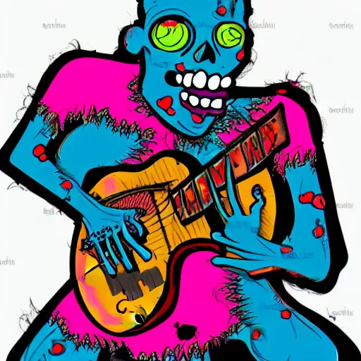 Image similar to Brightly colored zombie on stage, playing guitar in a metal band, digital art