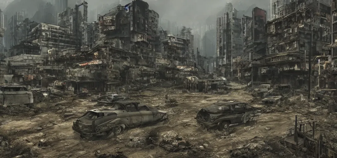 Image similar to A photorealistic and highly detailed landscape of post apocalyptic Hong Kong set in the Fallout Universe