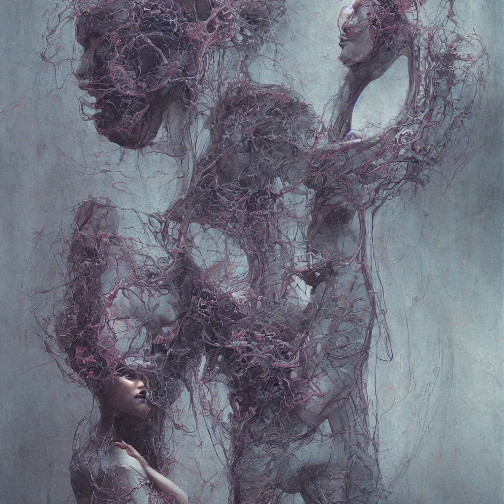 Prompt: portrait of girl melting with machine by wayne barlowe and zdislaw beksinski