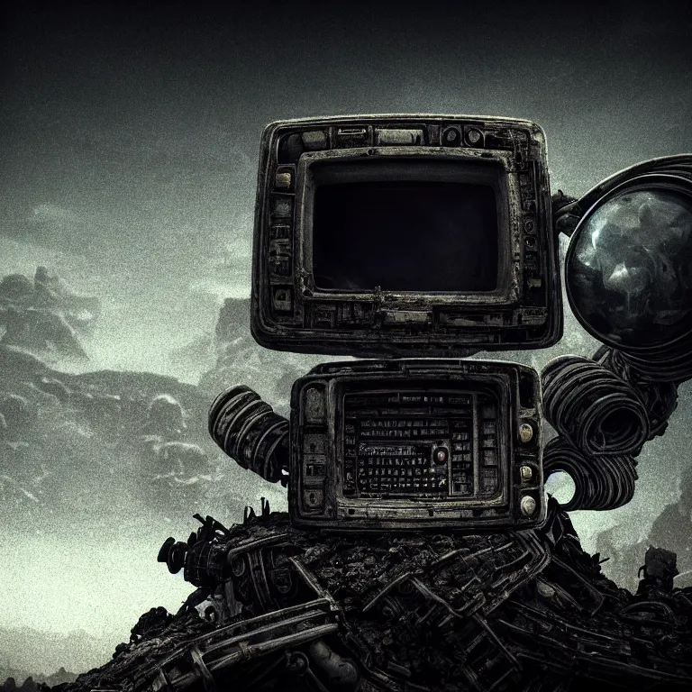 Prompt: closeup portrait of surreal mysterious abandoned ribbed broken old crt monitor in the foreground, in wastelands on exoplanet at night, dark clouds, dark washed tint black, dream-like heavy atmosphere, dark baroque painting, beautiful detailed intricate insanely detailed octane render trending on Artstation, 8K artistic photography, photorealistic, dramatic cinematic perfect light, harsh flash photography, chiaroscuro, award-winning photograph, masterpiece, Raphael, Caravaggio, Beksinski, Giger