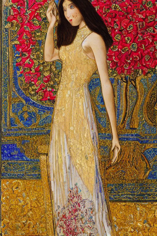 Image similar to girl waer detailed golden arabesque dress with a lot of narcissus in persian pot, persian painting