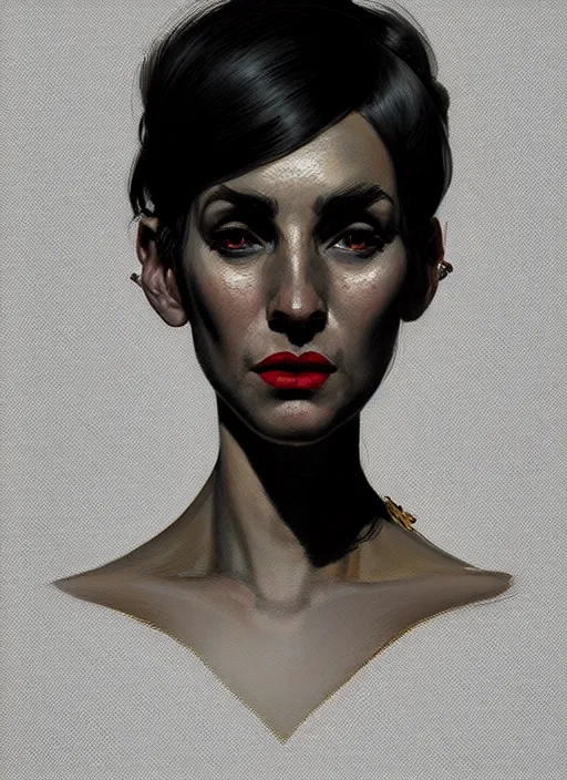 Image similar to portrait of a woman with a crooked nose and a confident expression, 1 9 6 0 s, black clothes, punk, funk, intricate, elegant, highly detailed, digital painting, artstation, concept art, smooth, sharp focus, illustration, art by wlop, mars ravelo and greg rutkowski