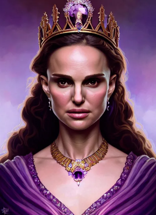 Image similar to portrait of natalie portman as a queen, throne, jewelry, greek, amethyst, intricate, headshot, highly detailed, digital painting, artstation, concept art, sharp focus, cinematic lighting, illustration, art by artgerm and greg rutkowski, alphonse mucha, cgsociety